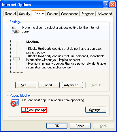 disable windows popup blocker